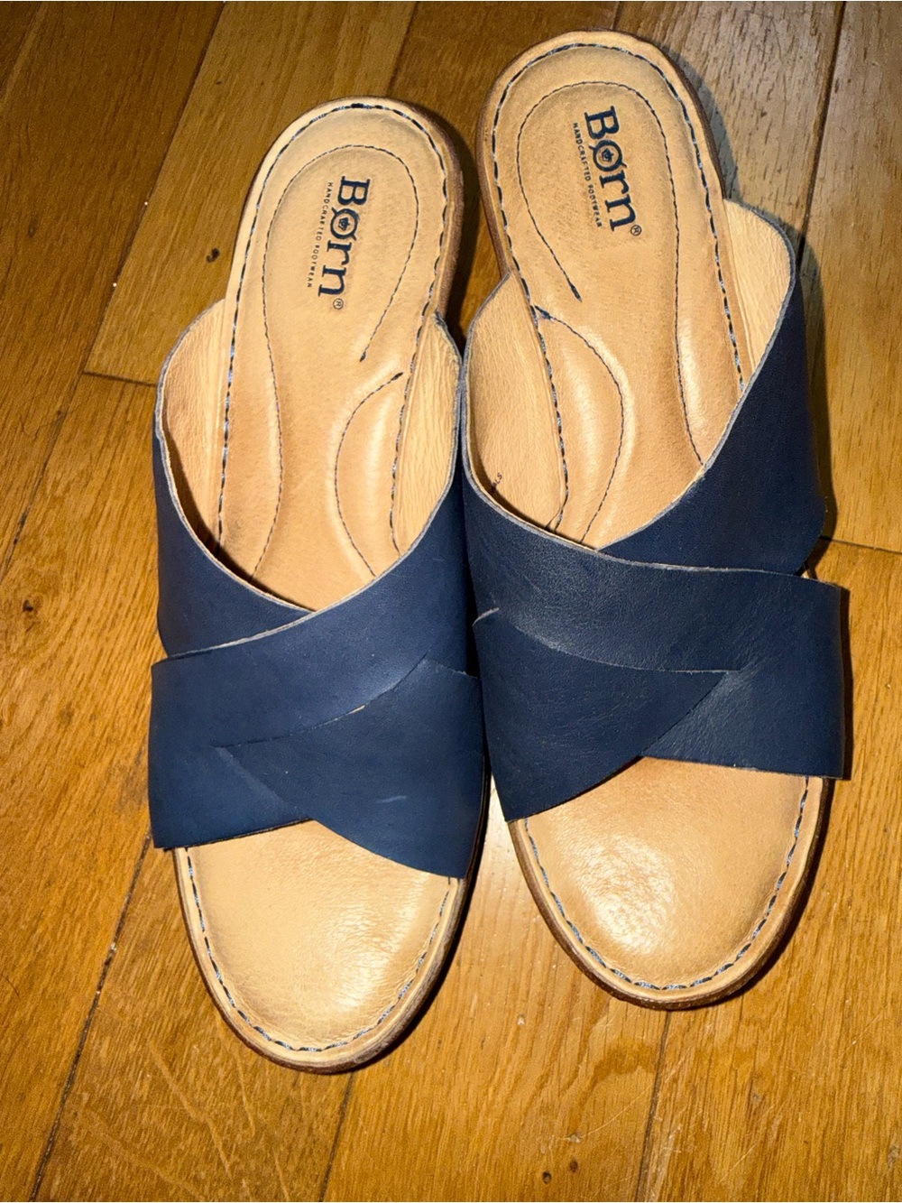 Born Navy Leather Crossover Slide Mules